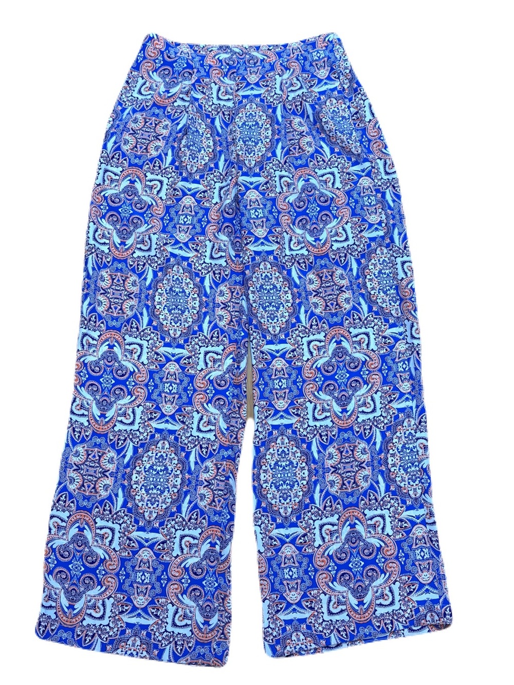 Parker 100% Silk Blue Paisley Wide Leg Palazzo Pants L Resort Culottes Flowy